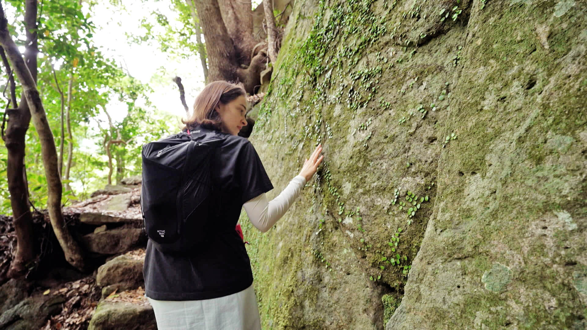 岩肌に生えた植物を不思議そうに見つめる安涼奈さん