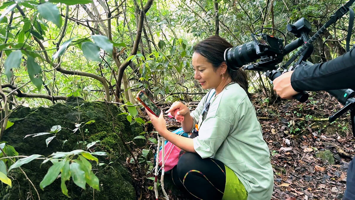 三船さんは登山の道中で出会う植物の香りをかいだり、記念に撮影したりと、緑に興味津々でした。