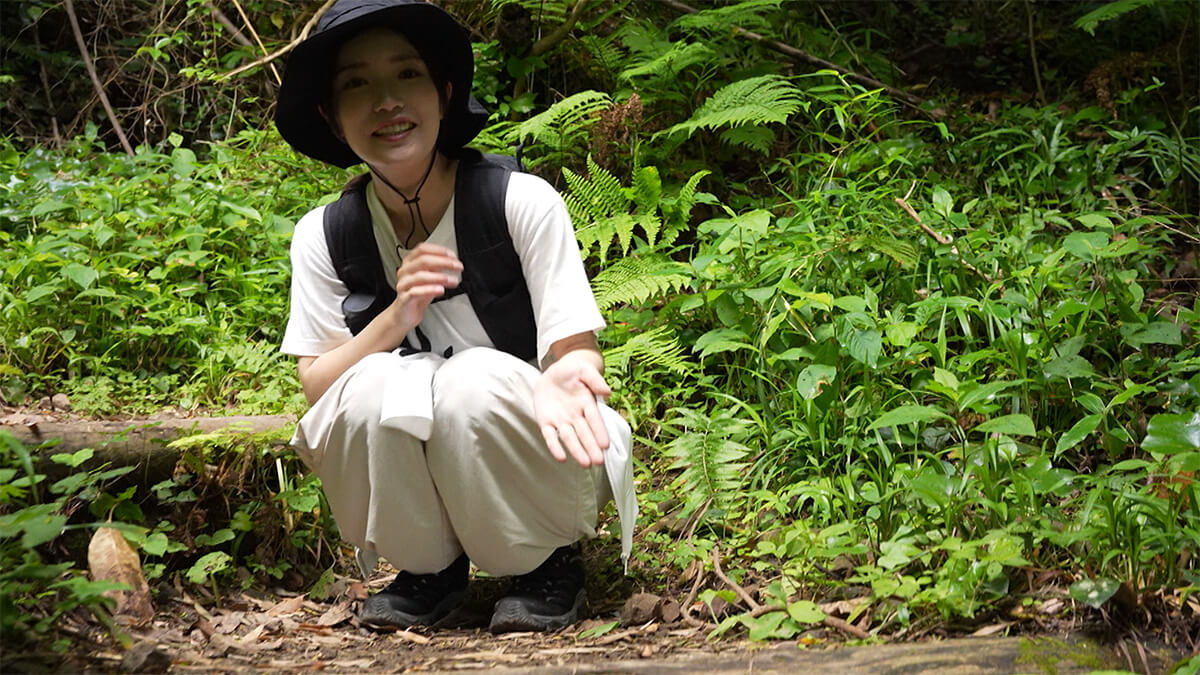 山登りの途中、細い道の真ん中でカタツムリを見つけた美山さん